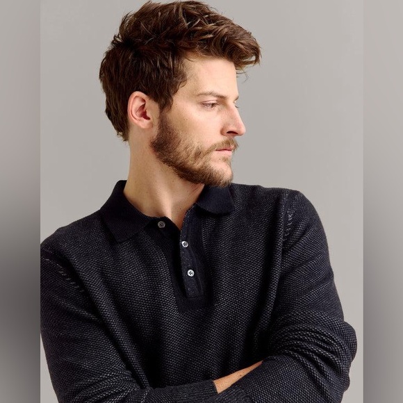 NWT BILLY REID LONG SLEEVE GEO FLOAT JACQUARD POLO BLACK/ASPHALT MEDIUM - Picture 2 of 7